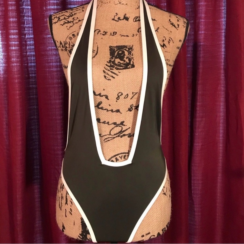 Stylish Olive Green and White Halter Swimsuit